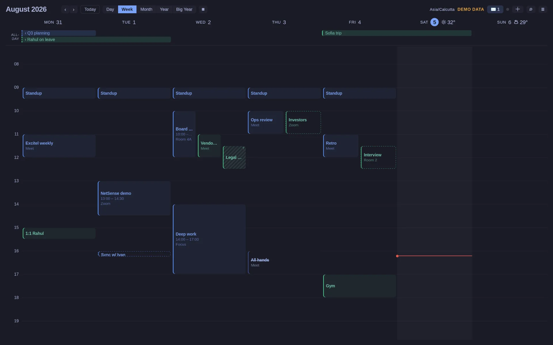 OmaCal's Week view: a dark, minimalist grid of one work week with colour-coded events from several calendars
